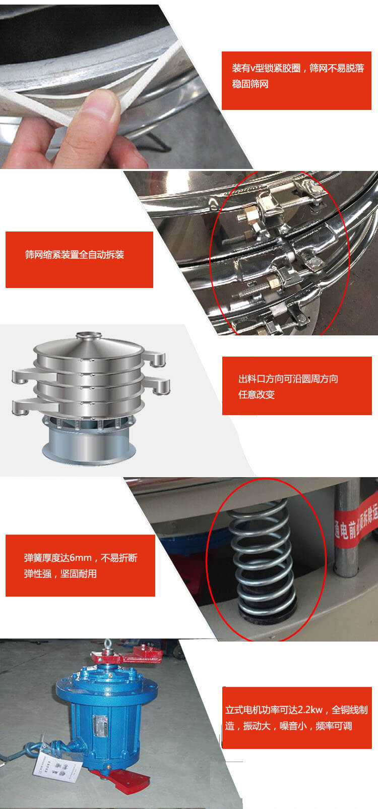 裝有V型鎖緊膠圈,使篩網(wǎng)不易脫落穩(wěn)固篩網(wǎng),篩網(wǎng)鎖緊裝置,全自動拆裝,出料口方向可沿圓周方向任意改變。彈簧厚度達6mm,不易折斷,彈性強,堅固耐用。專業(yè)的振動電機,全銅線制造,振動大,機械噪音小,頻率可調(diào)。產(chǎn)品對比:材質(zhì):大漢振動篩廠家采用304不銹鋼材質(zhì)耐腐蝕性,耐熱性強。個別廠家采用其它金屬材質(zhì),耐腐蝕性,耐熱性差蒸發(fā)緩慢,烘干效率較低。大漢振動篩廠家采用金屬編織網(wǎng),篩分精度高,效率高,篩網(wǎng)利用率高。