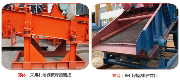 礦用振動(dòng)篩特點(diǎn):篩體采用扎制鋼板焊接而成,篩網(wǎng)采用耐磨橡膠材質(zhì)