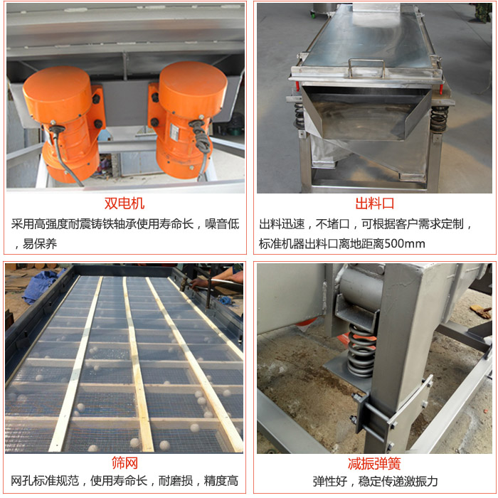 線振動(dòng)篩配件優(yōu)勢:雙電機(jī)采用高強(qiáng)度耐震鑄鐵軸承使用壽命長,噪音低,易保養(yǎng),出料口:出料迅速,不堵口,可根據(jù)客戶需求定制標(biāo)準(zhǔn)機(jī)器出料口離地距離500mm。篩網(wǎng):網(wǎng)孔標(biāo)準(zhǔn)規(guī)范,使用壽命長,耐磨損,精度高。減震彈簧彈性好,穩(wěn)定傳遞激振力。