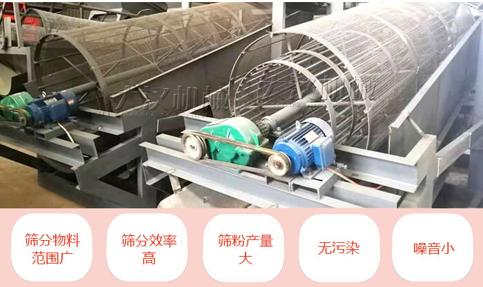 滾筒篩分機主要特點：篩分物料范圍廣，篩分效率高，篩分產量大，無污染，噪音小。