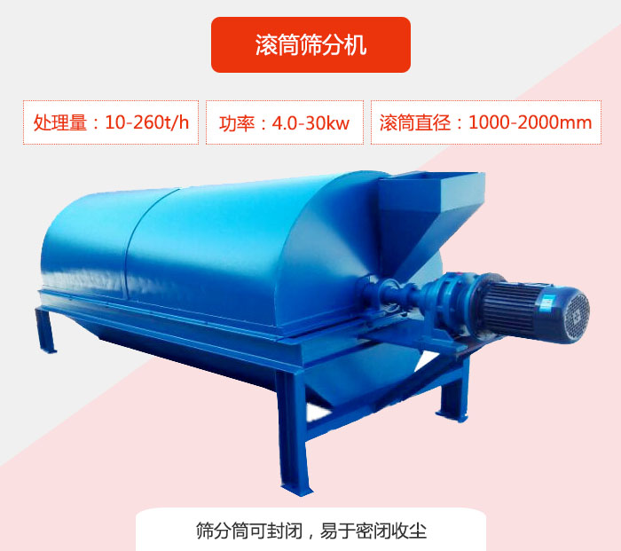 滾筒篩分機：處理能力：10-260t/h  功率：4.0-30kw 滾筒直徑：1000-2000mm 篩分筒可封閉，易于密閉收塵