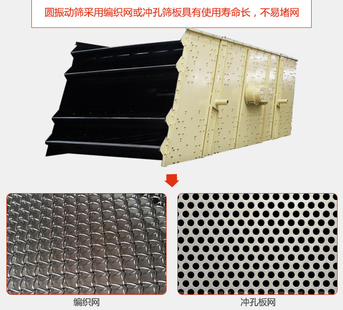 圓振動(dòng)篩采用編織網(wǎng)或沖孔篩板具有使用壽命長(zhǎng),不易堵網(wǎng)。