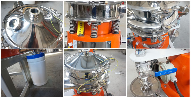 氣體保護超聲波振動篩細節：控制閥，料罐，篩網。