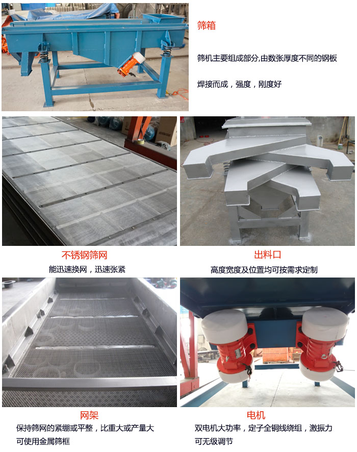 520型直線振動(dòng)篩結(jié)構(gòu):篩箱:篩機(jī)主要組成部分,由數(shù)張厚度不同的鋼板焊制而成,強(qiáng)度,剛度好。不銹鋼篩網(wǎng):能迅速換網(wǎng),迅速?gòu)埦o。電機(jī):雙電機(jī)大功率,定子全銅線繞組,激振力可無極調(diào)節(jié)。網(wǎng)架:保持篩網(wǎng)的緊繃和平整,比重大或產(chǎn)量大時(shí)可使用金屬篩框。出料口:高度寬度及位置均可按照用戶的要求來定制。