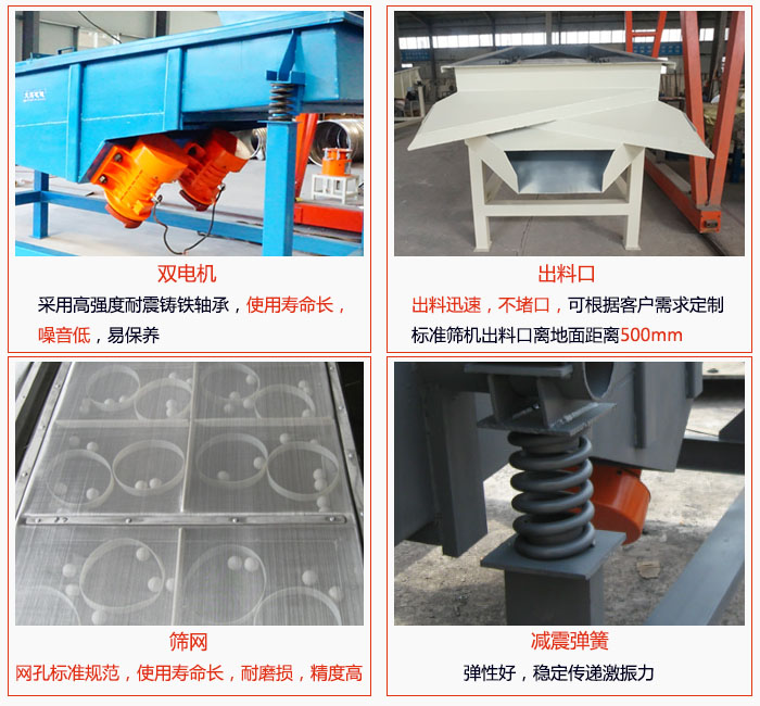 1030直線振動(dòng)篩雙電機(jī)采用高強(qiáng)度耐震鑄鐵軸承使用壽命長(zhǎng)、噪音低,易保養(yǎng);出料口排料迅速,不堵口,可根據(jù)客戶需求定制,標(biāo)準(zhǔn)機(jī)器出料口離地面距離500mm;篩網(wǎng)網(wǎng)孔標(biāo)準(zhǔn)規(guī)范、使用壽命長(zhǎng),耐磨損、精度高;減震彈簧:彈性好,穩(wěn)定傳遞激振力。