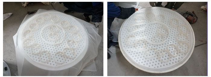 直徑1000型塑料振動(dòng)篩換網(wǎng)第一步準(zhǔn)備網(wǎng)架平鋪細(xì)網(wǎng)，固定細(xì)網(wǎng)剪去多余細(xì)網(wǎng)。