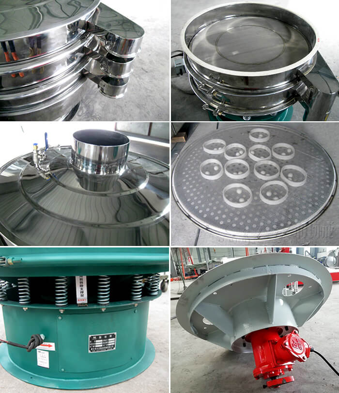 圓形旋振篩細(xì)節(jié)展示：出料口，篩網(wǎng)，進(jìn)料口，網(wǎng)架，擋球環(huán)，振動彈簧，振動電機(jī)等。