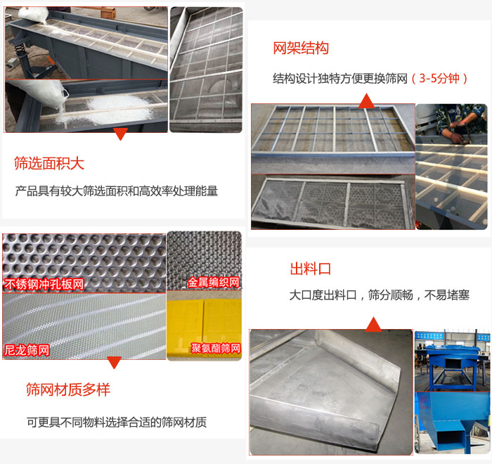 多層直線(xiàn)振動(dòng)篩篩選面積大,網(wǎng)架結(jié)構(gòu)方便篩網(wǎng)更換,篩網(wǎng)可選:不銹鋼沖孔板,金屬編織,尼龍篩網(wǎng),聚氨酯篩網(wǎng)等。