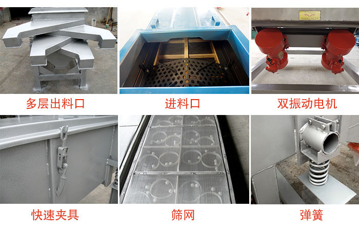 多層直線(xiàn)振動(dòng)篩出料口,篩網(wǎng),彈簧,快速夾具,振動(dòng)電機(jī)等