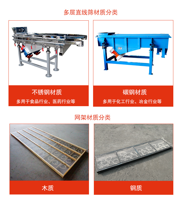 多層直線(xiàn)振動(dòng)篩材質(zhì)有:不銹鋼,碳鋼;網(wǎng)架材質(zhì)有木質(zhì),鋼質(zhì)等。