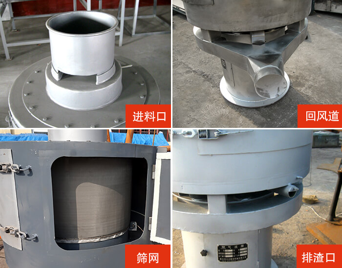 氣流篩分機進料口，回風道，篩網，排渣口。