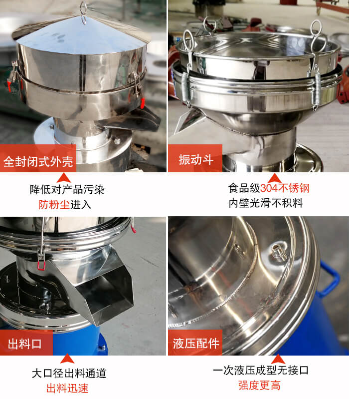 450過濾篩機結構組成：全封閉式外殼設計：對產品的污染低，防塵粉進入電機內部延長設備壽命。振動斗：食品304不銹鋼篩斗，內壁光滑不存在積料現象。出料口，大口徑出料通道，出料迅速，提高工作效率。液壓配件：一次液壓成型無接口強度更高。