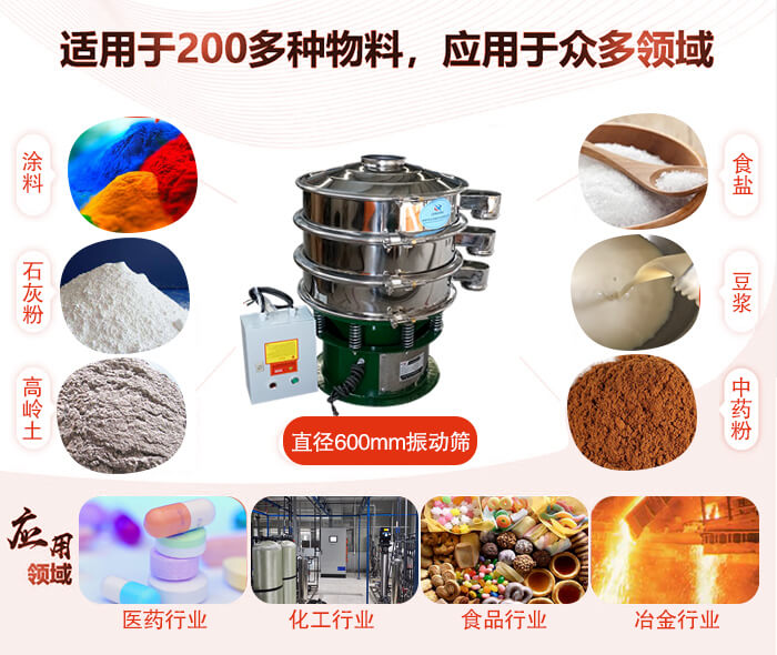 直徑600mm振動篩使用的行業:醫藥行業,公害處理,食品行業,化工行業。