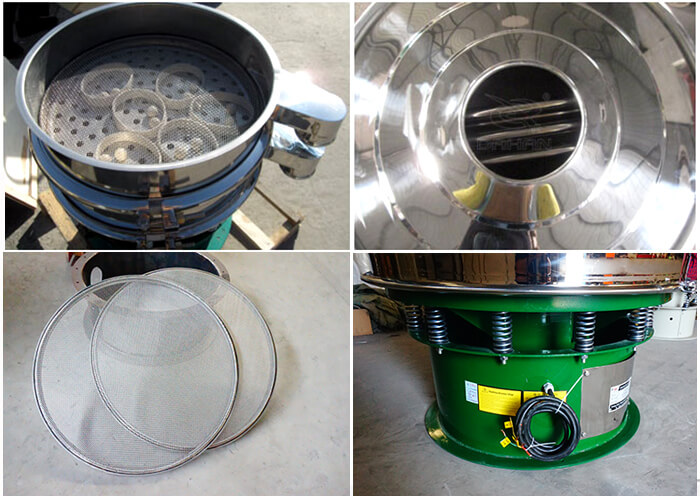 單層振動篩細節:篩網,進料口,振動彈簧,彈跳球。